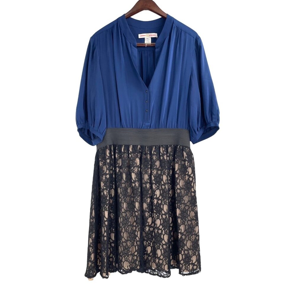 Amanda Uprichard Womens Plus Size 20 Silk Lace Dress Blue Black V-Neck Feminine